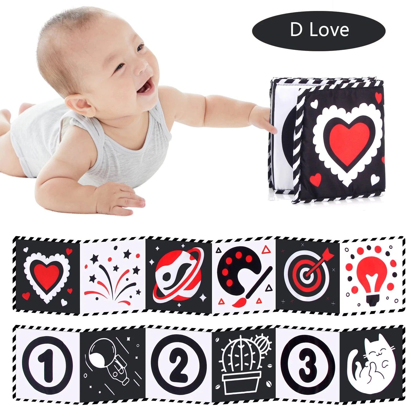 Baby playing with a soft book featuring hearts, numbers, and other designs.