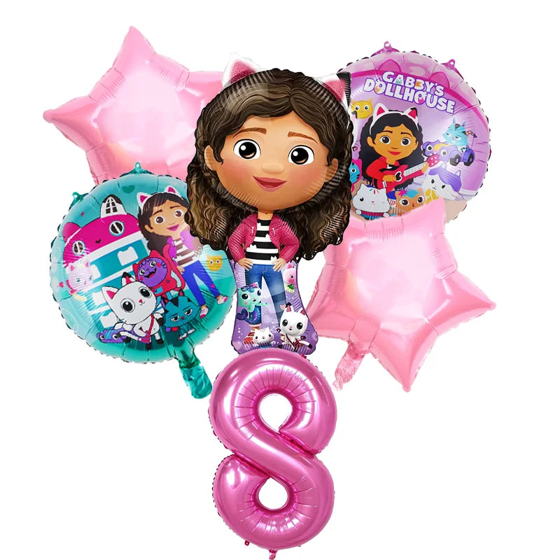 Balloon set with Gabby's Dollhouse character and number 8 on a white background