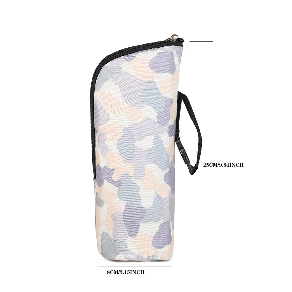Camouflage-patterned pouch with measurements on a white background