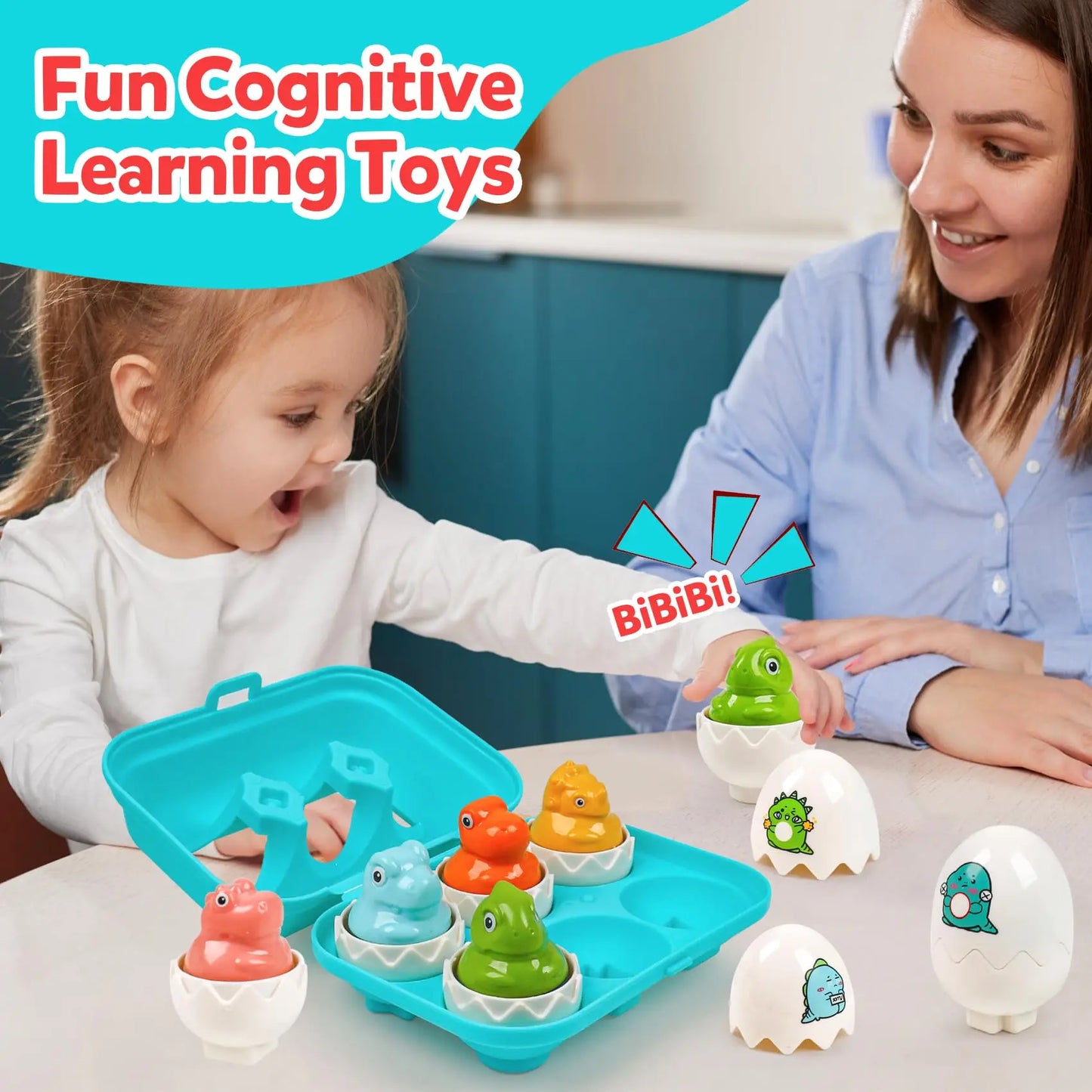 Child and adult playing with cognitive learning toys featuring colorful animals in eggshells.