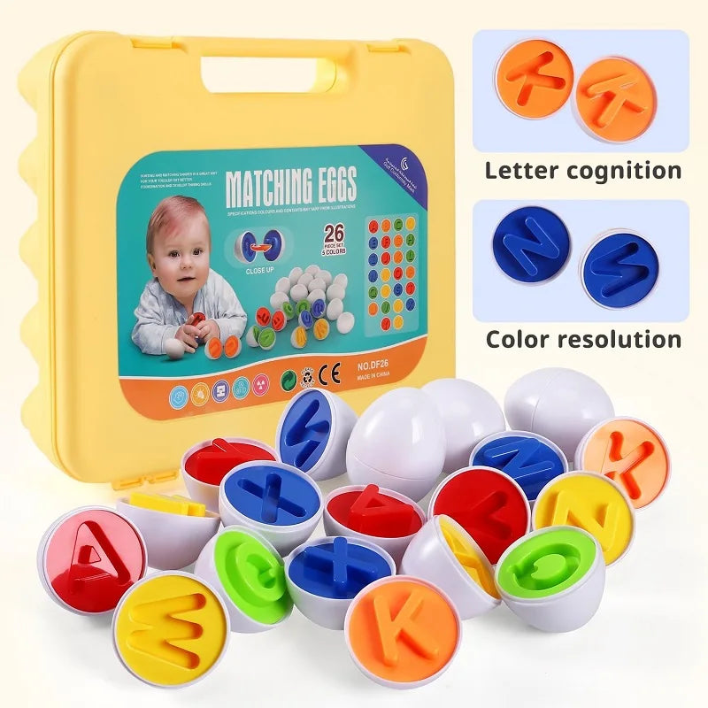 Colorful educational toy set with letters and numbers in a yellow carrying case, featuring a baby and letter recognition text.