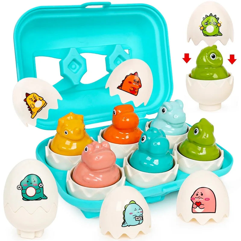 Set of colorful toy figures in egg-shaped holders with a blue carrying case.