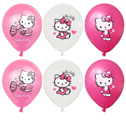 Six Hello Kitty balloons in pink and white on a white background
