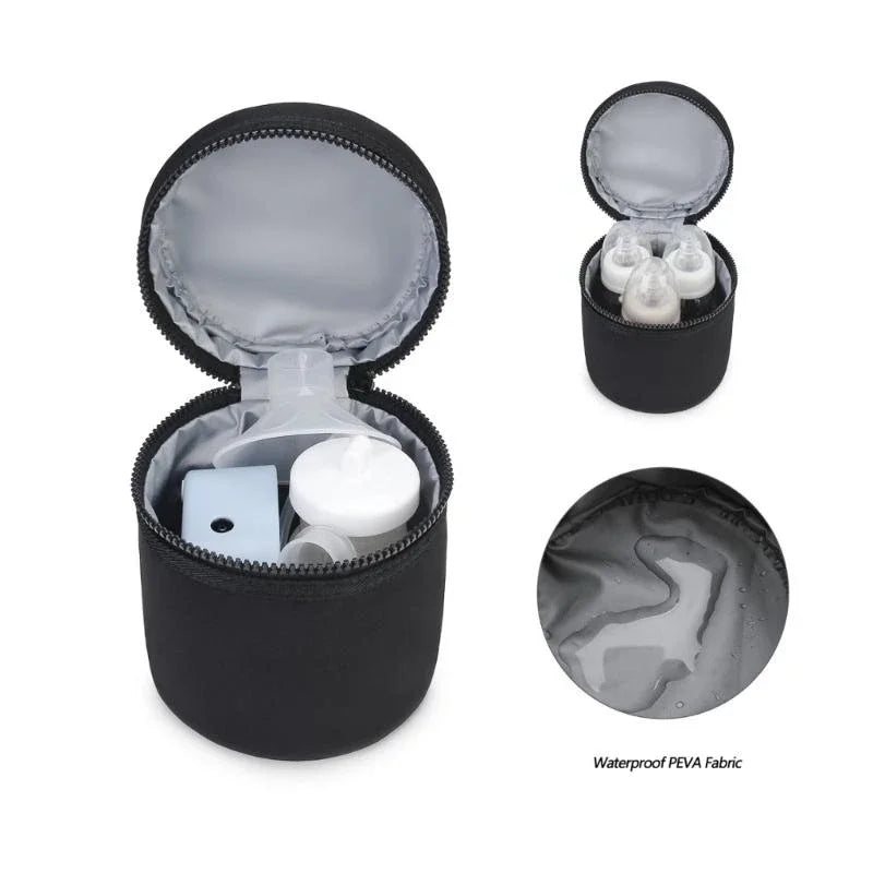 Black travel case with white items inside, showing close-up of interior and fabric texture.