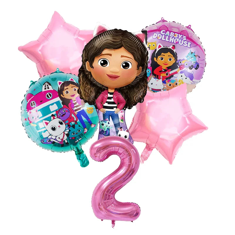 Set of balloons featuring a character from 'Gabby's Dollhouse' with a pink number '2'.