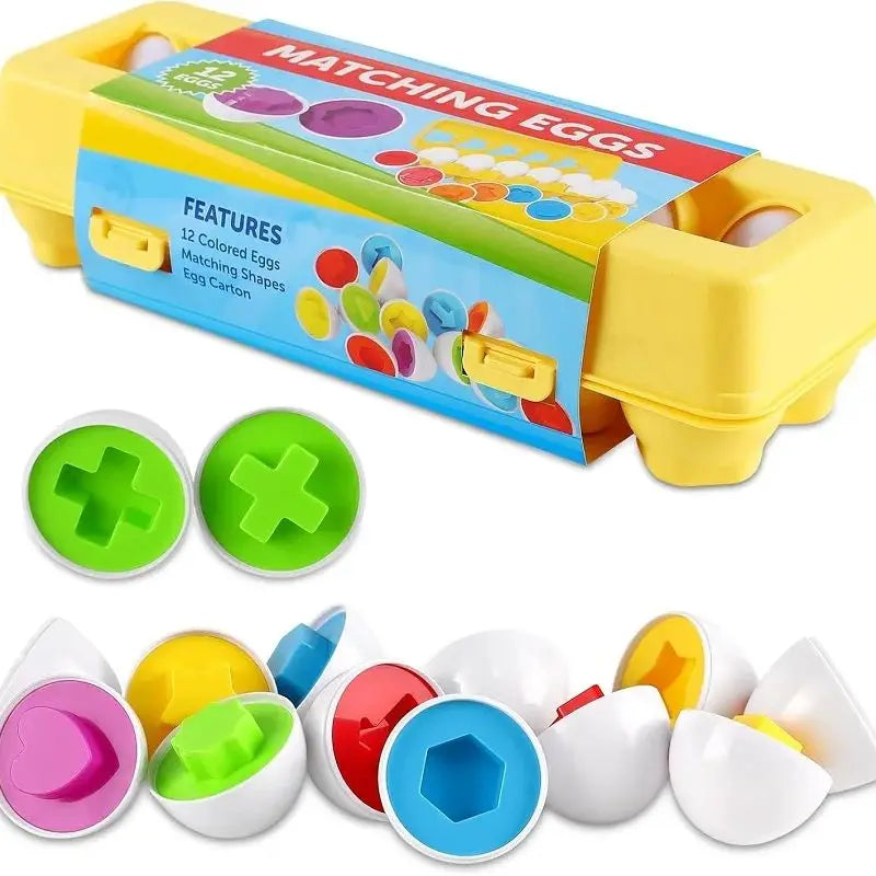 Colorful matching eggs toy set with packaging on a white background