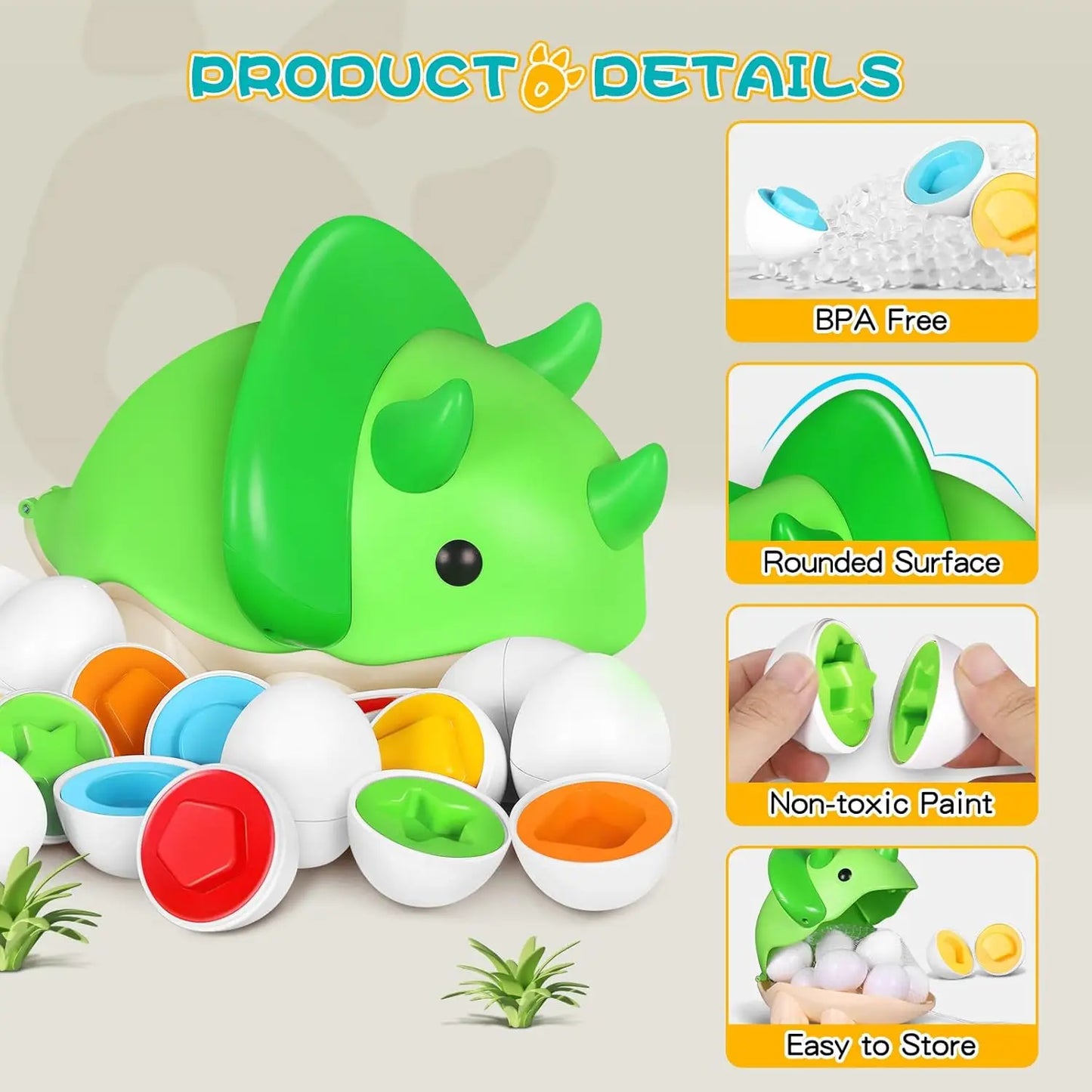 Green dinosaur-shaped toy with colorful compartments on a light gray background