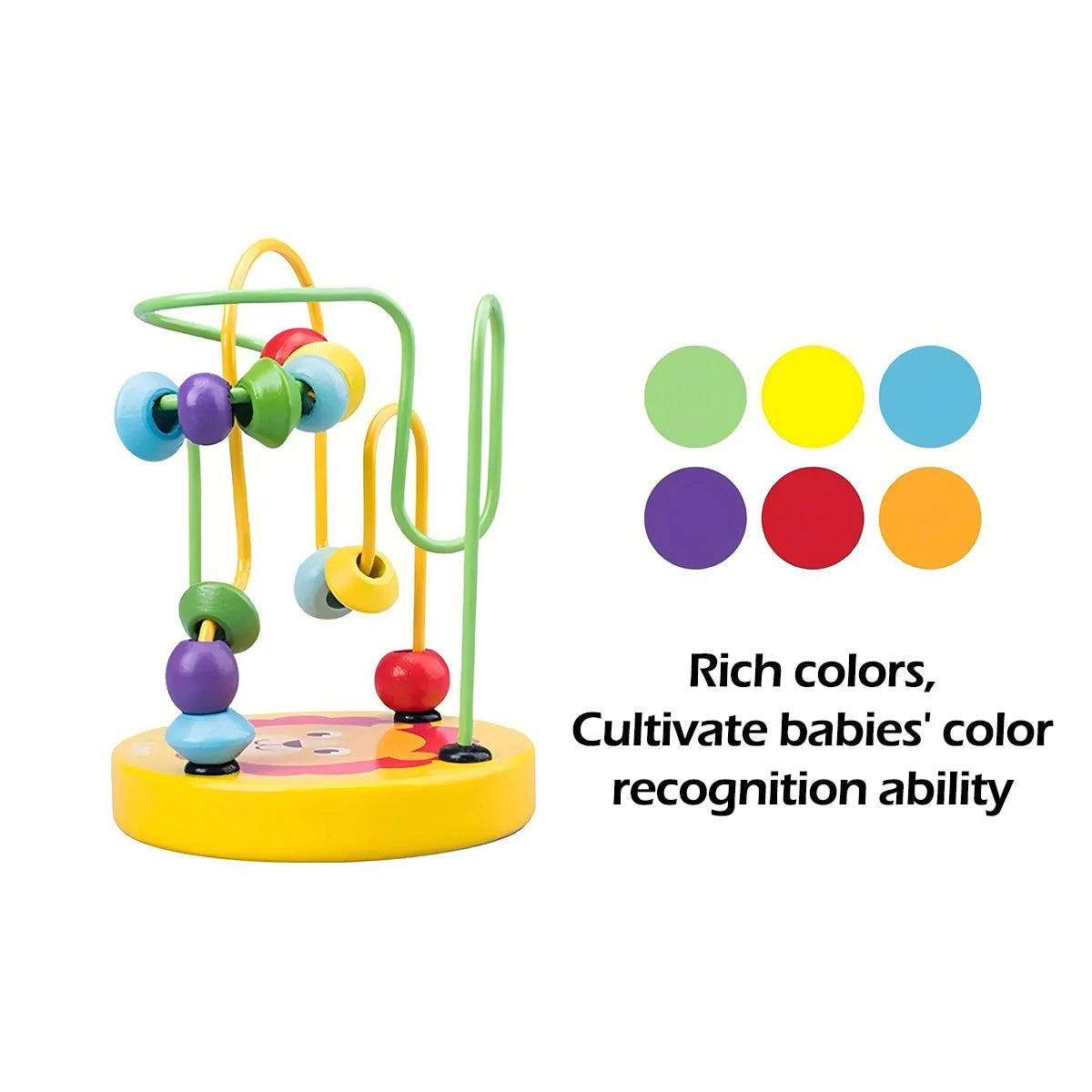 Colorful wooden baby toy with beads and text on a white background