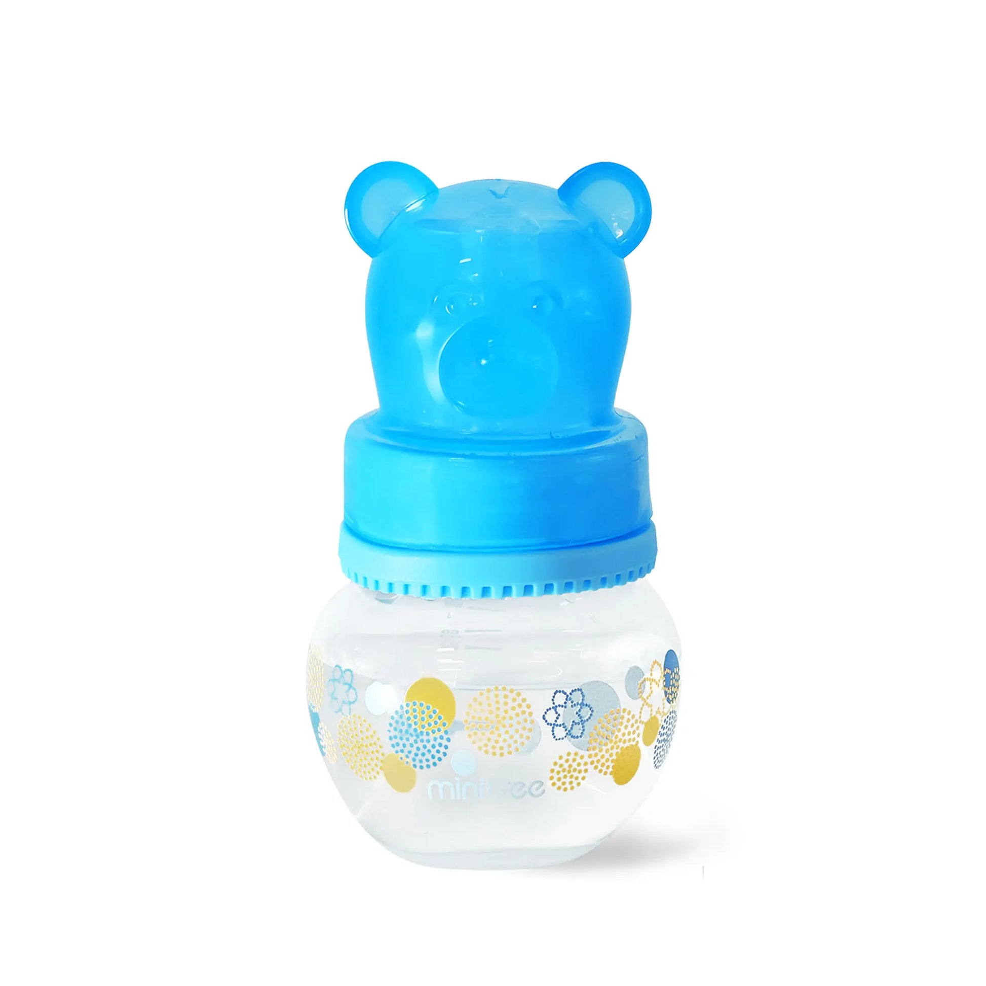 Blue bear-shaped container with floral patterns on a white background