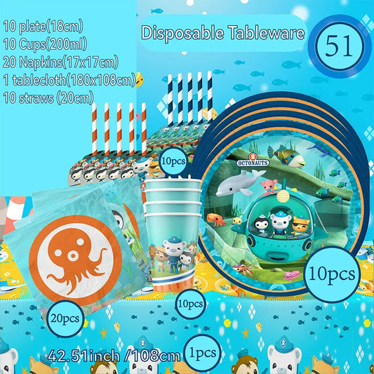 Disposable tableware set with Octonauts theme on a blue background