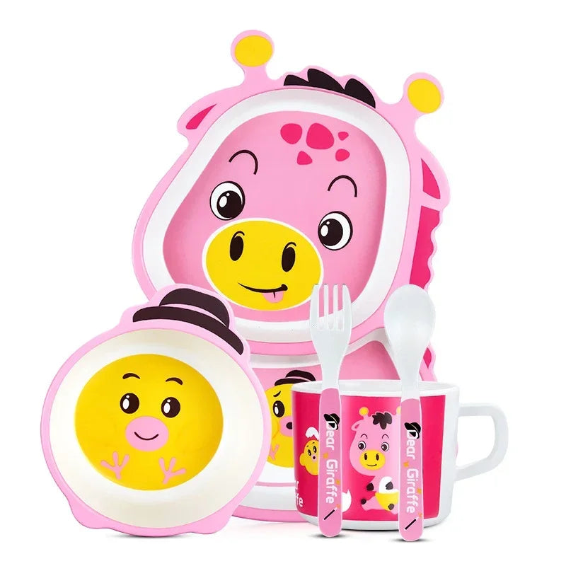 Children's dinner set with pink and yellow cartoon design on a white background