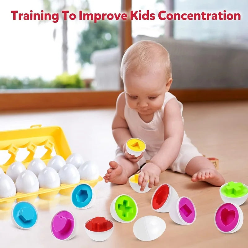 Baby playing with colorful educational toys on a wooden floor.