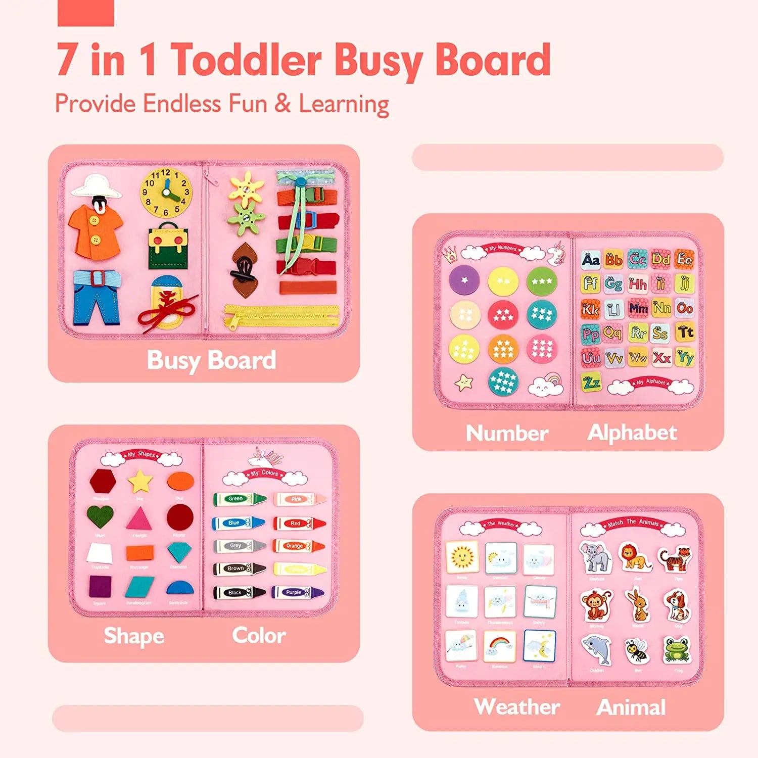 7-in-1 toddler busy board with various educational activities on a pink background