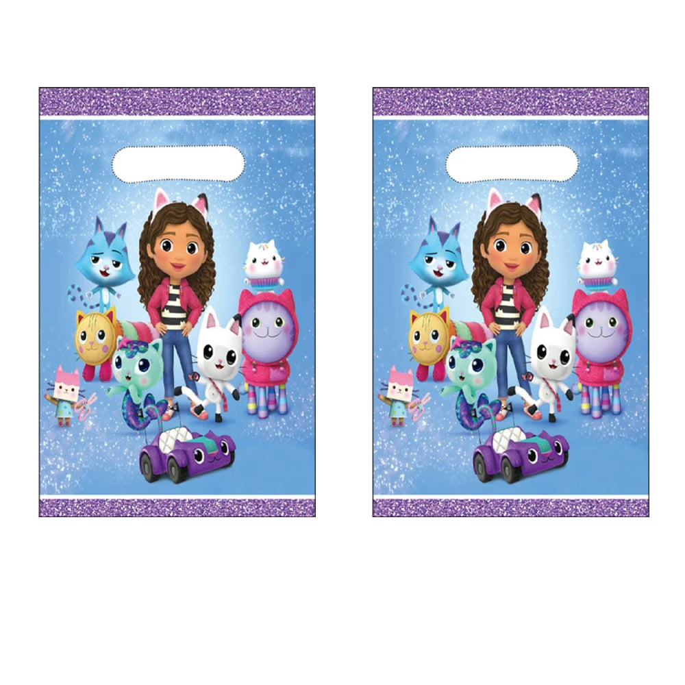 Two gift bags with cartoon characters and vehicles on a blue background