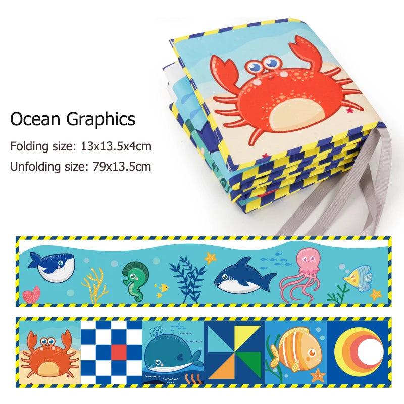 Children's book with ocean graphics and a crab illustration, displayed with a smaller version of the book and ocean-themed border.