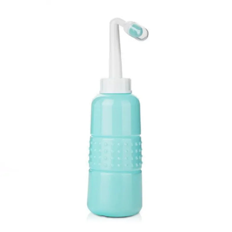 Turquoise nasal irrigation device with a white pump on a white background