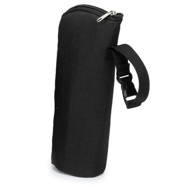 Black cylindrical bag with a strap on a white background