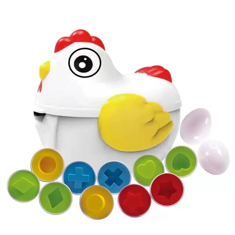 Colorful toy chicken with shape-sorting rings on a white background