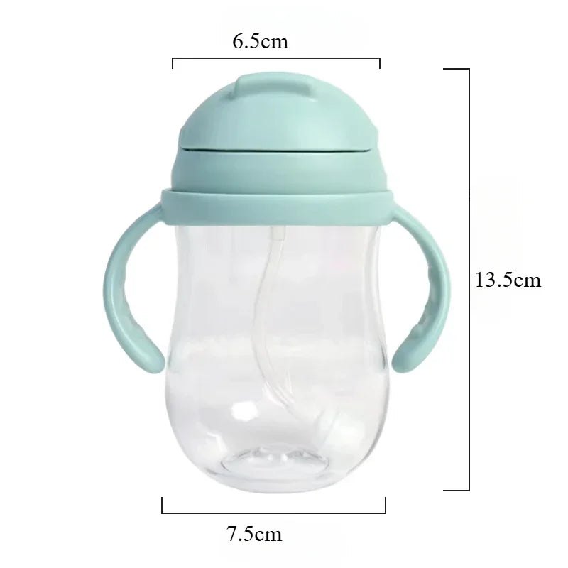 Measurement chart of a baby sippy cup with dimensions labeled.