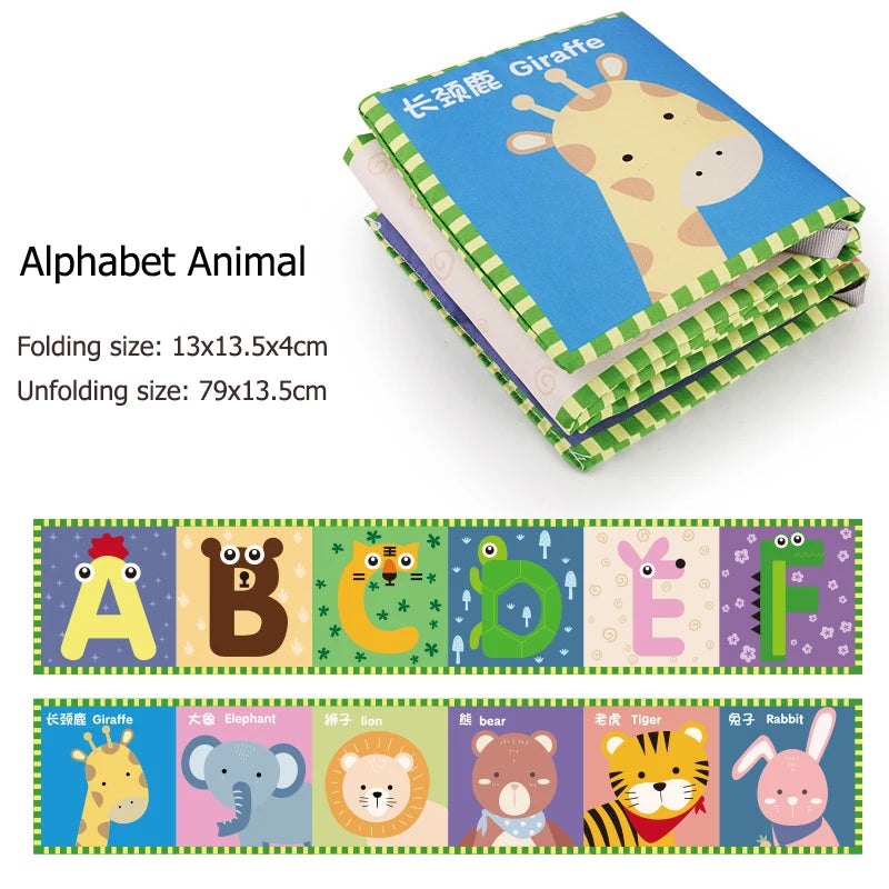 Children's book with alphabet and animal illustrations on a white background