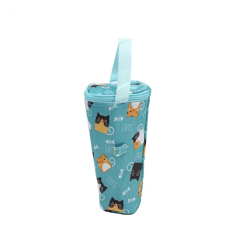 Teal insulated bottle holder with cat pattern on a white background
