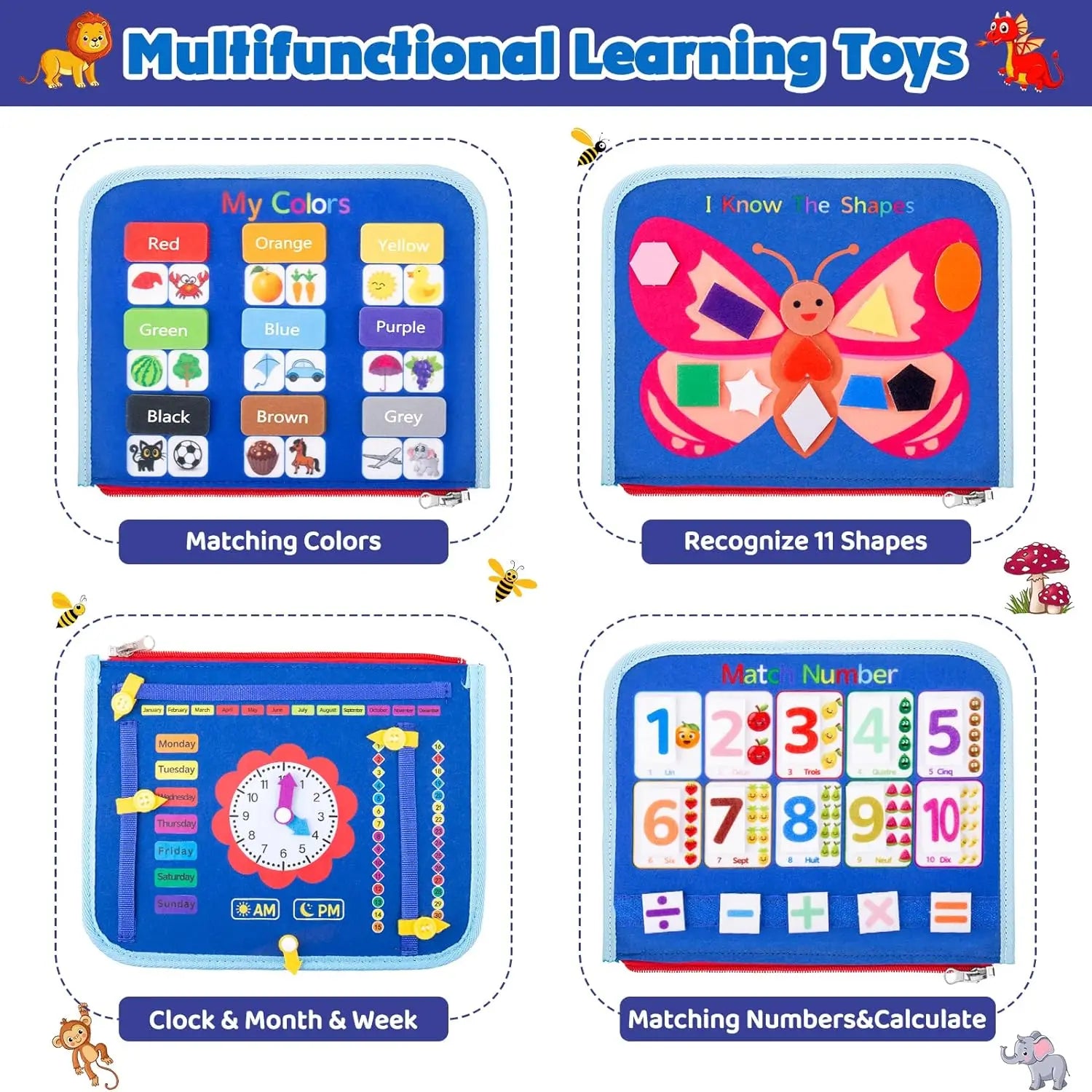 Set of multifunctional learning toys with colorful designs and text labels.