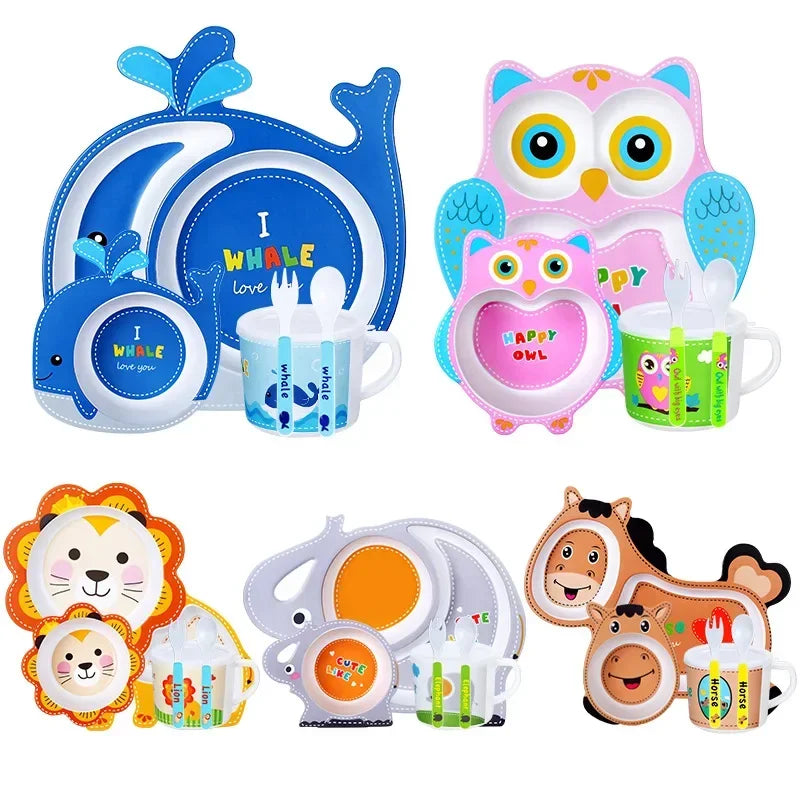 Collection of colorful children's tableware with animal designs on a white background