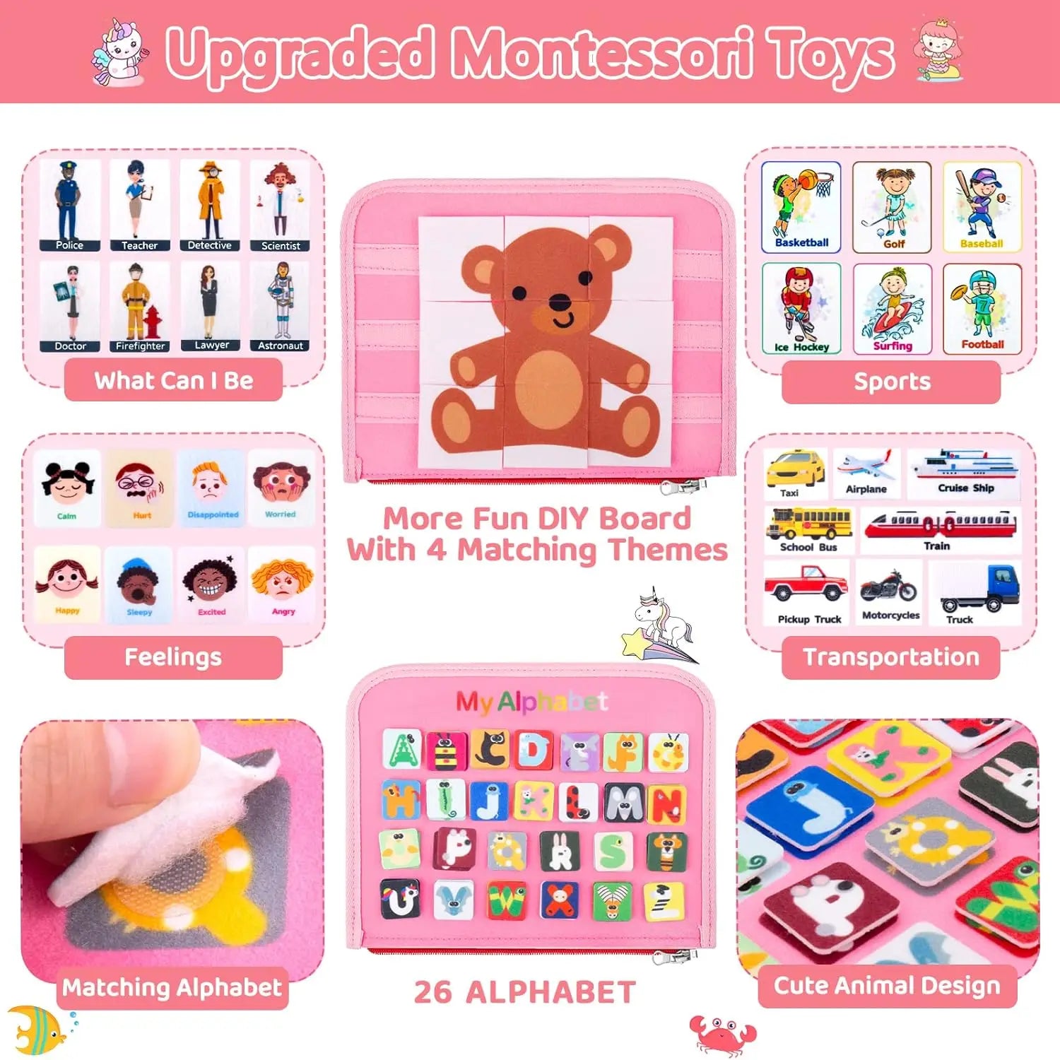 Upgraded Montessori Toys set with various educational components on a pink background