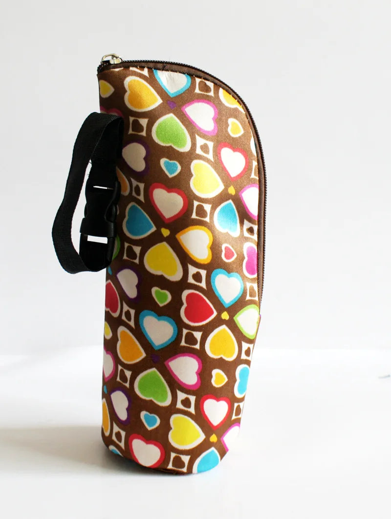 Colorful heart-patterned bag with a brown background