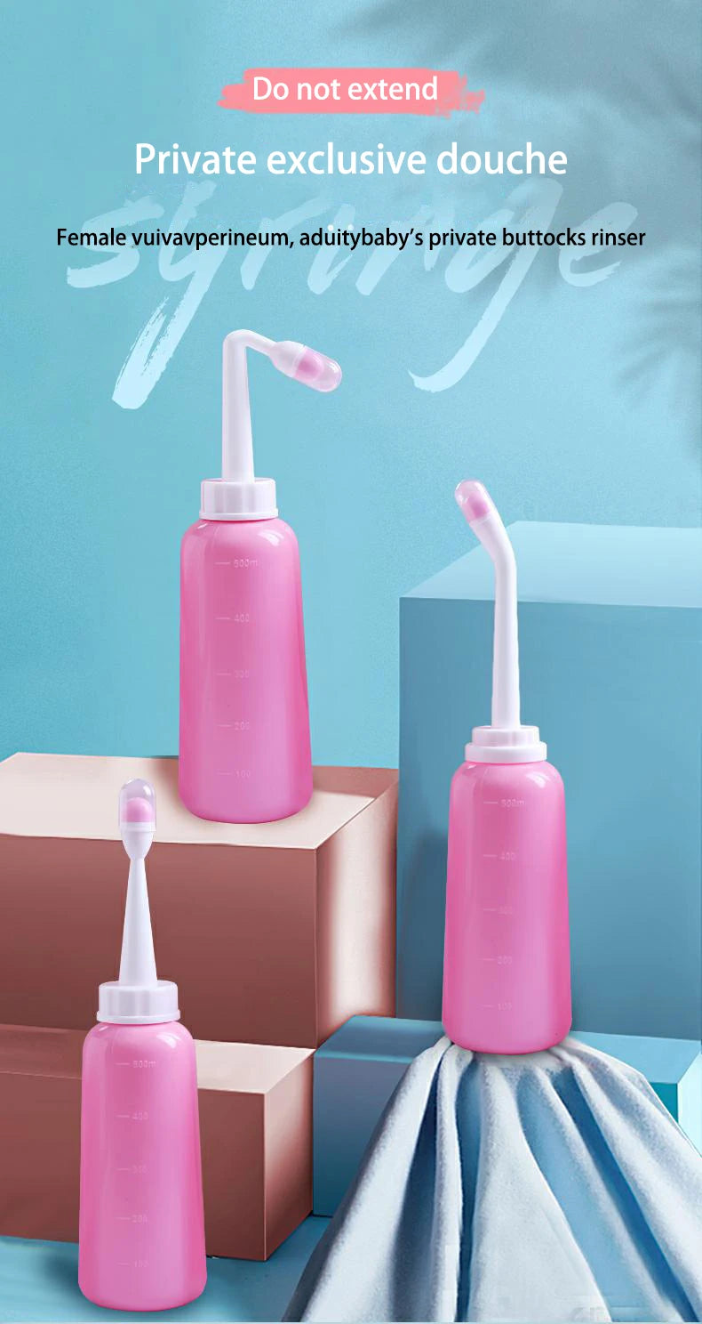 Pink douche bottles on a blue and brown geometric background with text.
