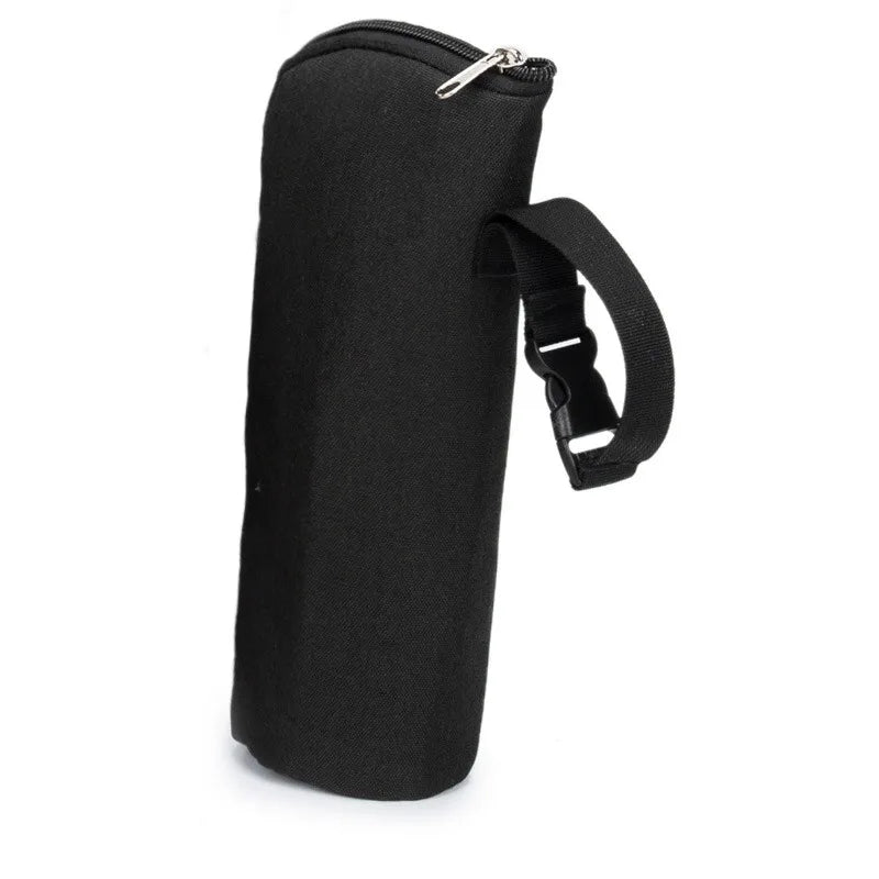 Black insulated drink holder with a strap on a white background