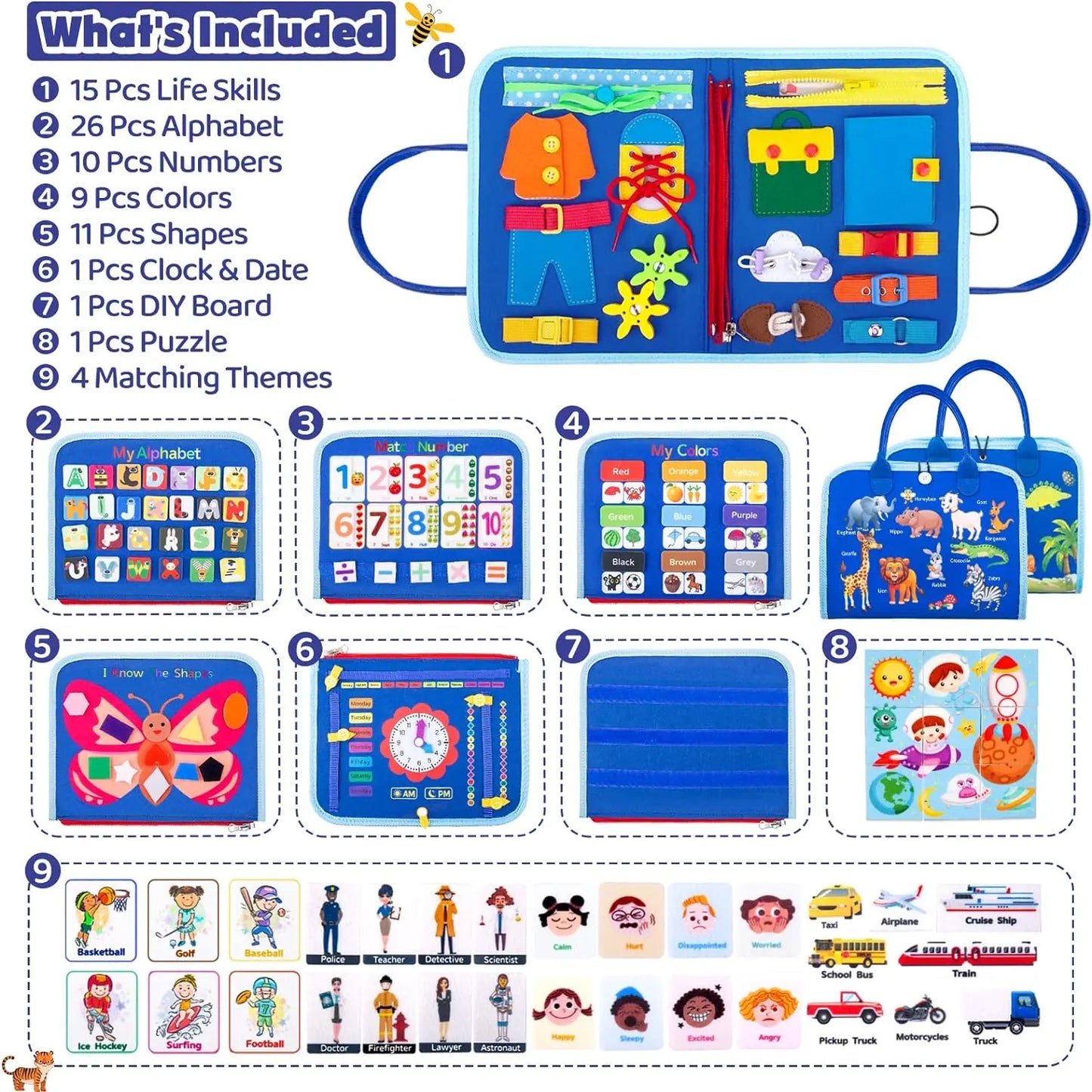 Educational toy set with various components including a clock, alphabet chart, and number cards on a white background.