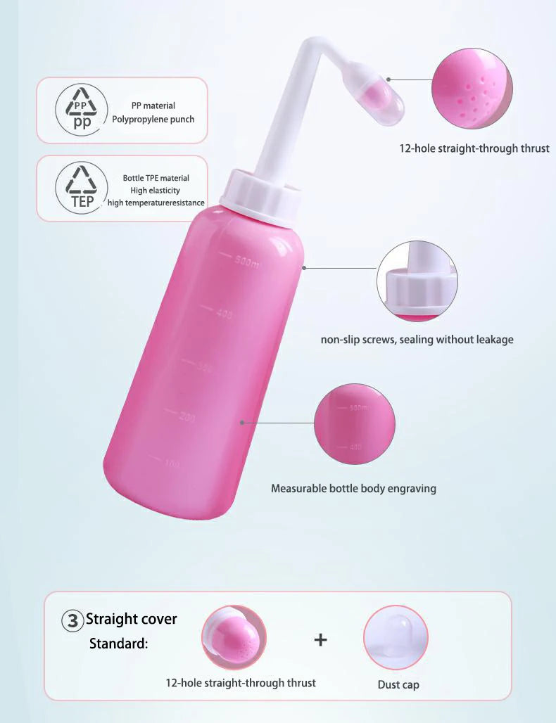 Pink bottle with features highlighted on a light blue background