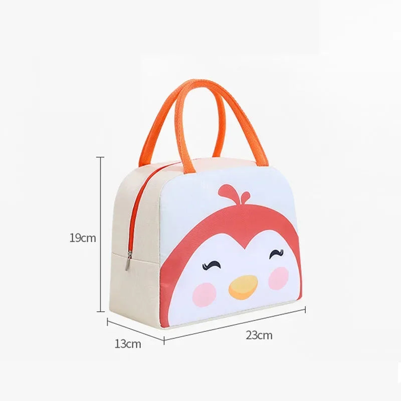 Small bag with a penguin design and measurements on a white background