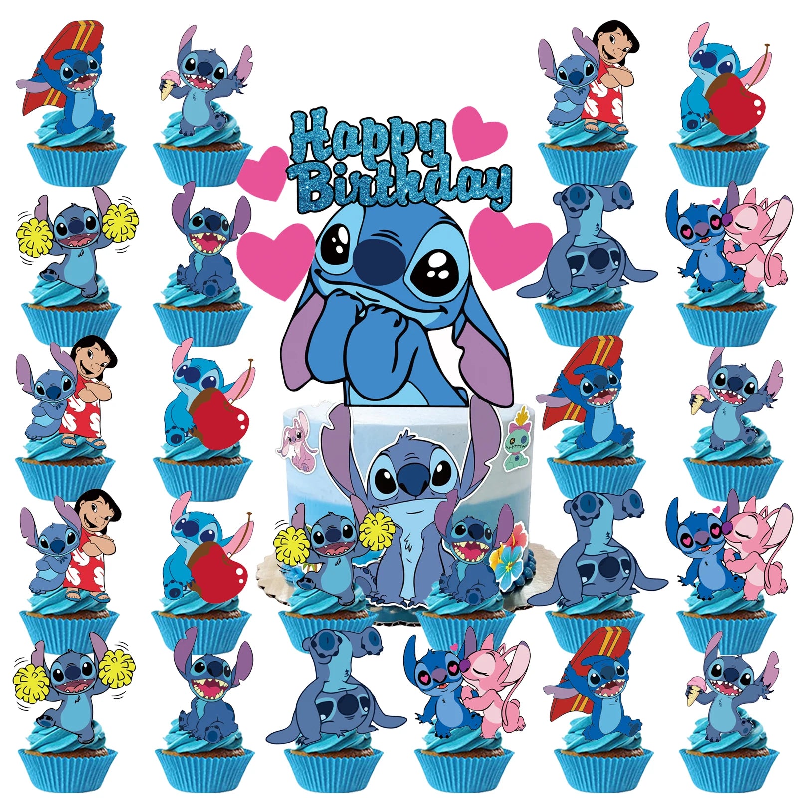 Colorful Stitch birthday decorations kit with 25 cartoon cake toppers by Nestacular for kids' parties.
