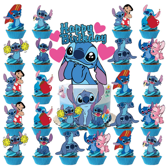 Colorful Stitch birthday decorations kit with 25 cartoon cake toppers by Nestacular for kids' parties.