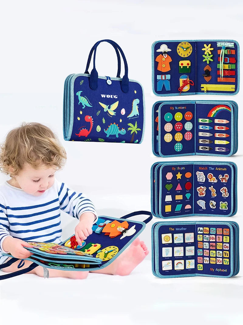 Child playing with educational toy books featuring various shapes, colors, and animals on a white background.