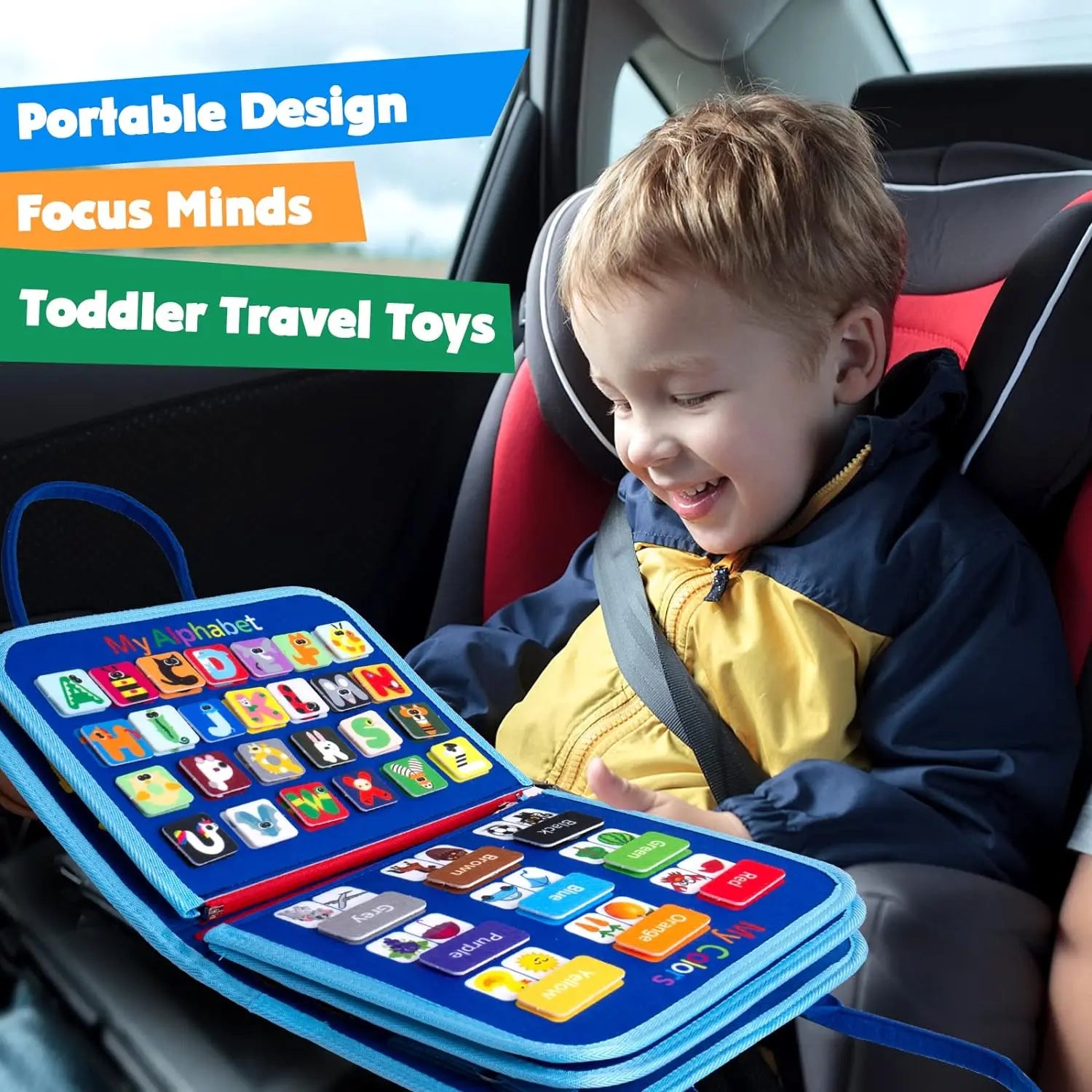 Child in a car seat with a colorful educational toy book, text about toddler travel toys.