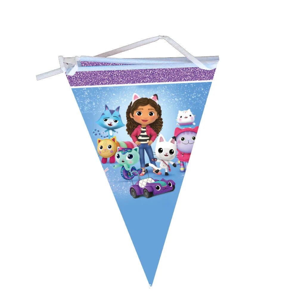 Bunting flag with cartoon characters on a white background