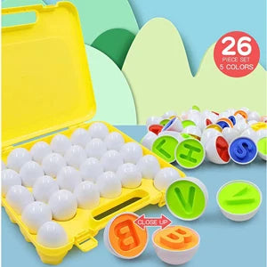 Colorful educational toys with numbers and letters in a yellow case on a colorful background