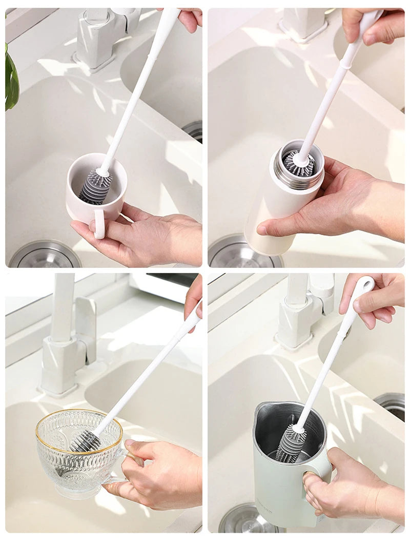 Cleaning utensils being used to clean a sink and various kitchen items.