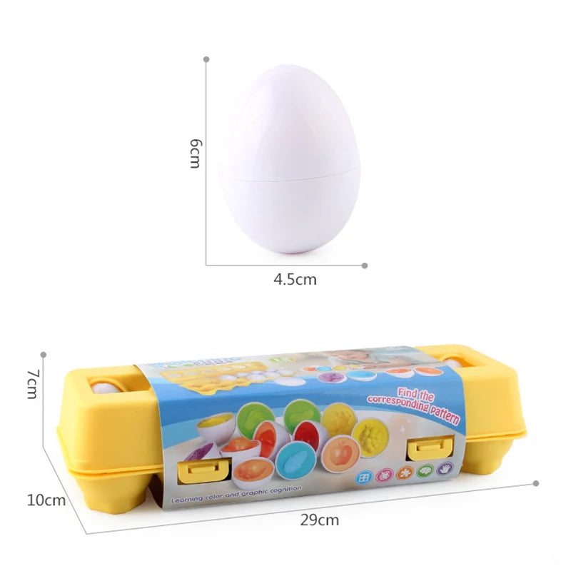 Yellow toy egg carton with dimensions and a white egg on a white background