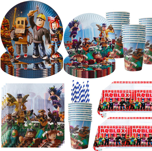 Colorful Roblox birthday party tableware set with plates, cups, napkins, and themed decorations by Nestacular