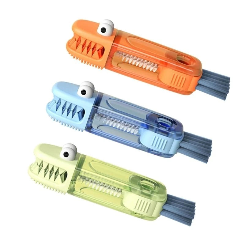 Colorful cartoon infant feeding bottle brushes in blue, orange, and green by Nestacular with cute eye design.