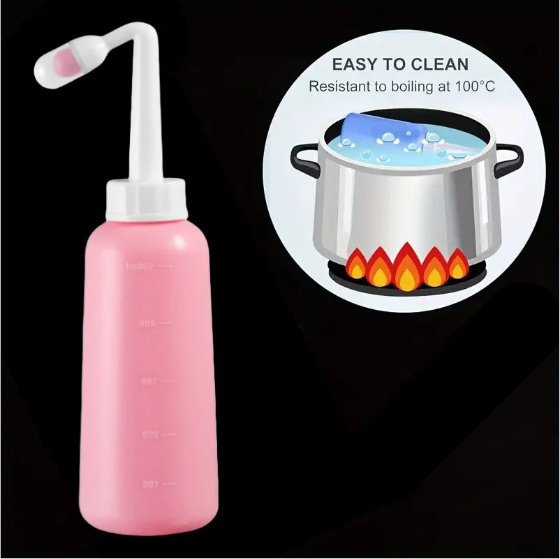 Pink nasal aspirator with an inset showing a pot boiling to demonstrate ease of cleaning.