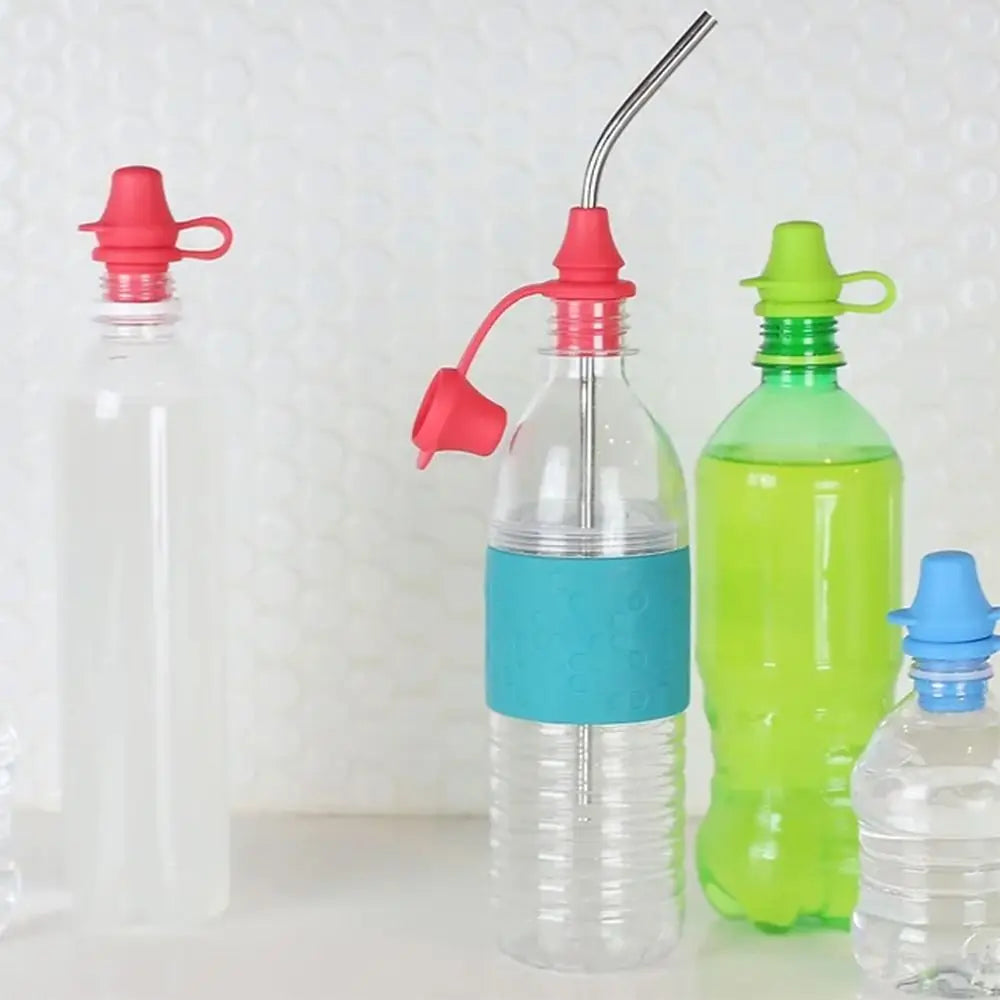 Set of colorful water bottles with various caps and straws on a white background