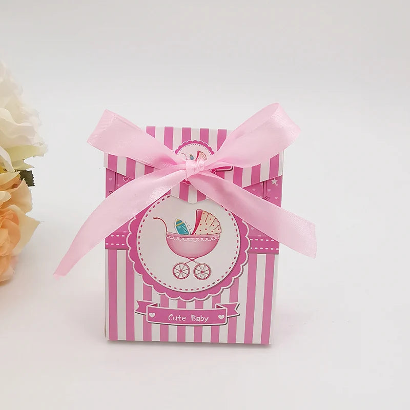 Pink striped gift box with a pink ribbon and baby carriage design on a white background