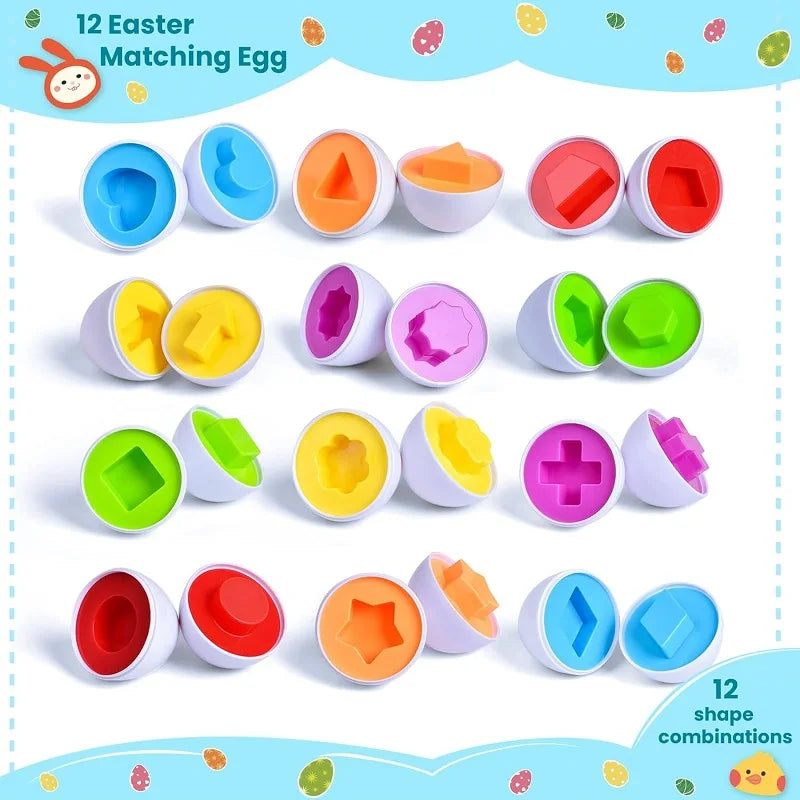 Colorful Easter matching egg toy set with various shapes on a blue background