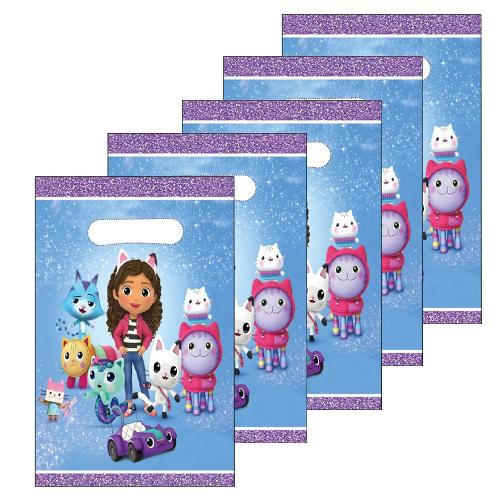 Set of blue goodie bags with cartoon characters on a white background