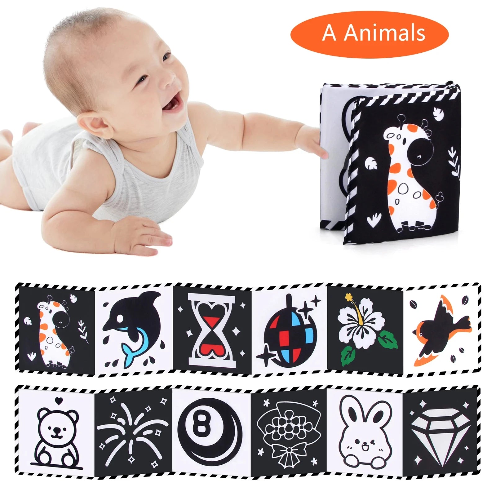 Baby playing with a soft book featuring animal illustrations on a white background.